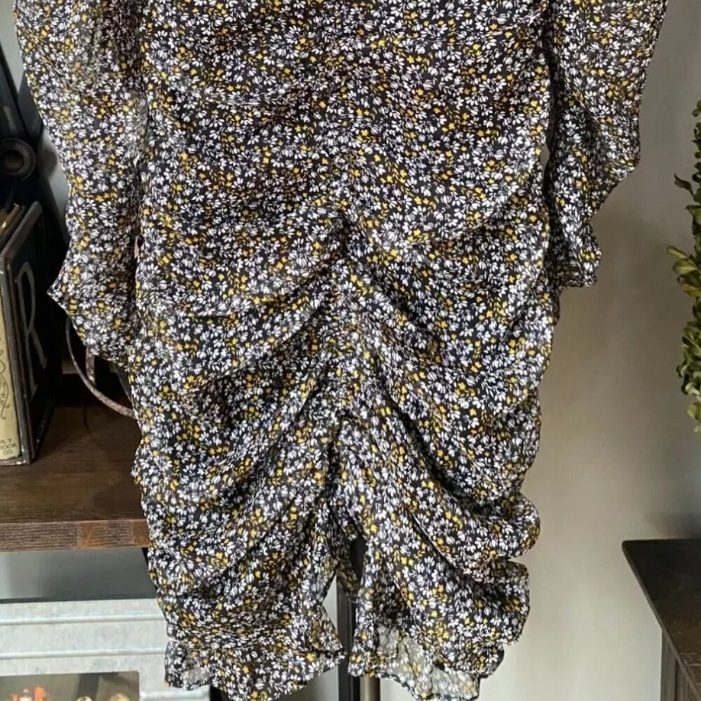 ASTR the Label Black Yellow Floral Ditsy Ruched Puff Sleeve Mini Dress - Picture 5 of 7
